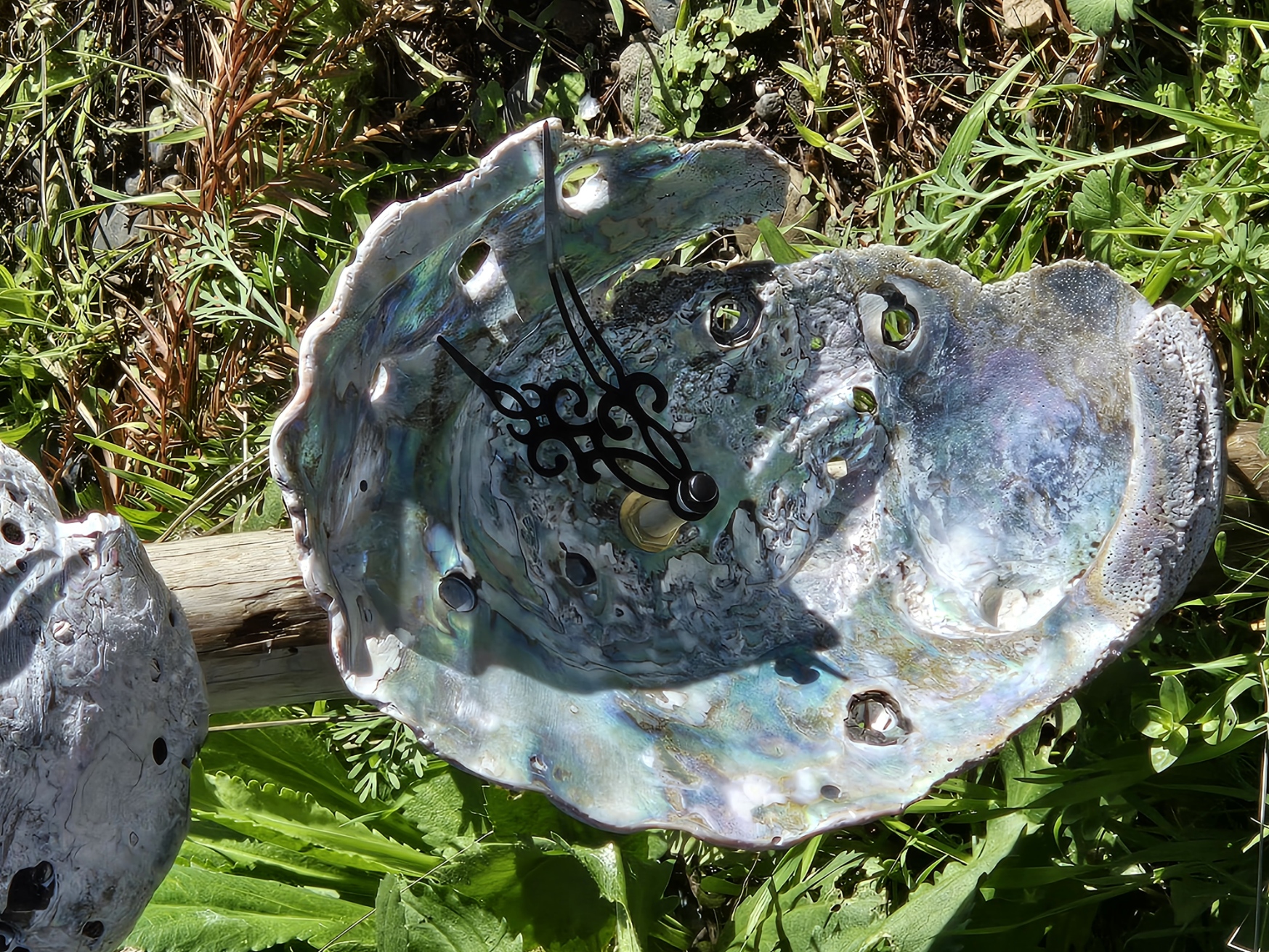 Abalone shell clock with ornate black hands